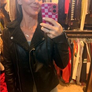 BCBGeneration Black Leather Jacket with Shearling Collar